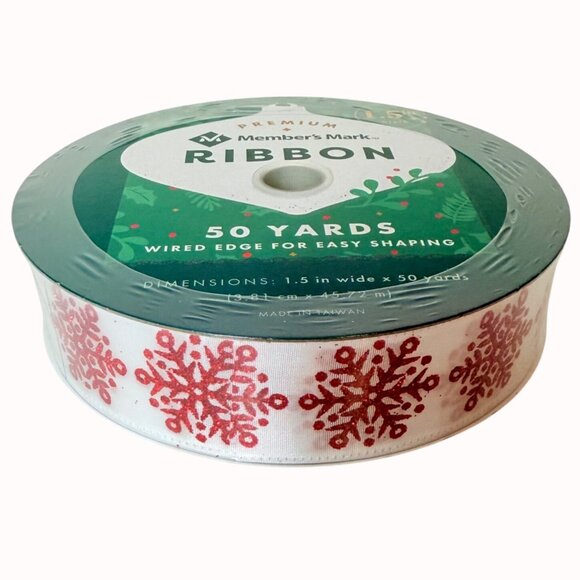 Holiday Red Glitter Snowflake Ribbon Christmas Wired Edge 50 Yards 1.5 Inch Wide - Picture 1 of 6